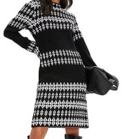 Vestido de punto para mujer con estampado Fair Isle, manga larga, otoño, 923627, negro/blanco