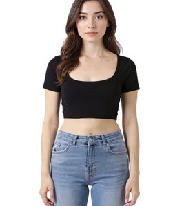 Crop top femme ZEGY, t-shirt simple en coton côtelé, 1084 Noir Crop top femme ZEGY, t-shirt simple en coton côtelé, 1084 Noir
