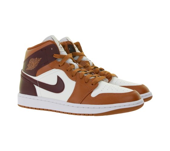 Zapatillas Nike Air Jordan 1 Mid de piel auténtica para mujer, caña media, BQ6472-200, blanco/rojo/marrón