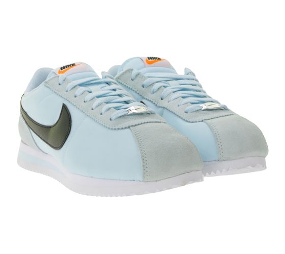 NIKE Cortez Damen Sneaker Retro Turnschuhe mit Echtleder Low-Top Sneaker DZ2795-401 Weiß/Hellblau/Schwarz
