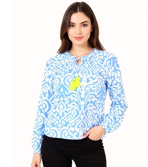 Chemisier tunique d'été à pompons ZWILLINGSHERZ Ornaments pour femme 33223-84 Bleu/Blanc/Jaune