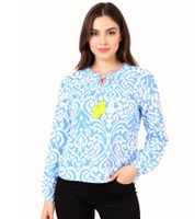 ZWILLINGSHERZ Ornamente Damen Sommer-Bluse Tunika-Shirt mit Quasten 33223-84 Blau/Weiß/Gelb