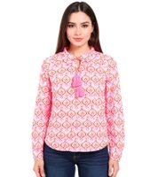 ZWILLINGSHERZ Damen Sommer-Bluse Tunika-Shirt mit geometrischen Retro-Print 33225-52 Weiß/Pink/Orange
