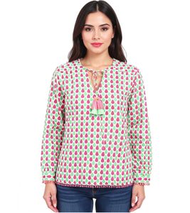 ZWILLINGSHERZ Women's Cotton Summer Blouse "Droplets" with Droplet Pattern 33217-64 Green/Pink ZWILLINGSHERZ Women's Cotton Summer Blouse "Droplets" with Droplet Pattern 33217-64 Green/Pink