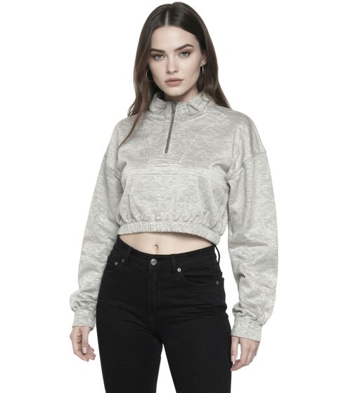 ZEGY Damen Crop-Pullover Half Zip Langarm-Shirt Baumwoll-Pulli Cropped 1073 Grau