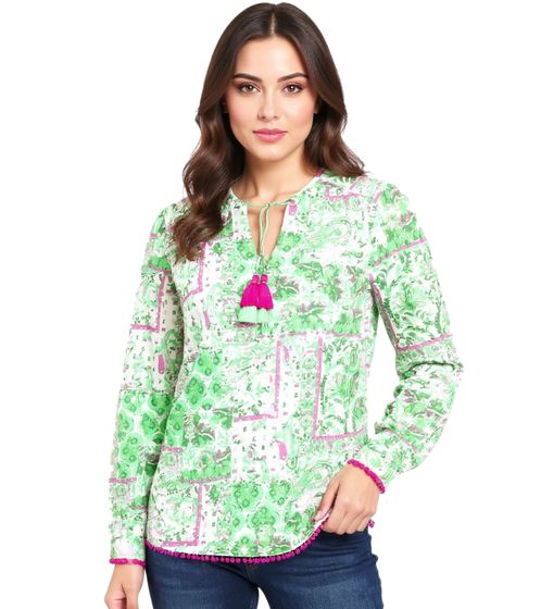 Chemisier d'été femme ZWILLINGSHERZ, chemise à manches longues en coton à motifs variés, 33214-70 Vert/Rose/Blanc