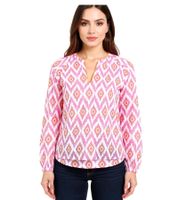 ZWILLINGSHERZ Damen Sommer-Bluse mit auffälligen-Muster Baumwoll Langarmshirt 33227-22 Weiß/Orange/Pink