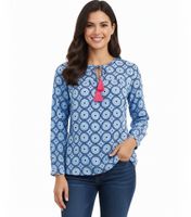 ZWILLINGSHERZ Maike Damen Sommer-Bluse Tunika-Shirt mit Quasten und Ornamenten 33125-1 Blau/Weiß/Pink