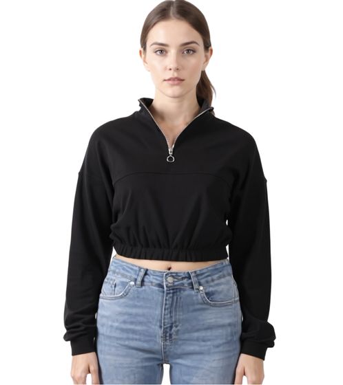 ZEGY Damen Crop-Pullover Half Zip Langarm-Shirt Baumwoll-Pulli Cropped 1073 Schwarz