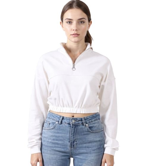 ZEGY Damen Crop-Pullover Half Zip Langarm-Shirt Baumwoll-Pulli Cropped 1073 Weiß