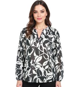 Blusa estiva da donna ZWILLINGSHERZ con motivo a foglie, in cotone a maniche lunghe 33229-3, bianco/nero/rosa Blusa estiva da donna ZWILLINGSHERZ con motivo a foglie, in cotone a maniche lunghe 33229-3, bianco/nero/rosa