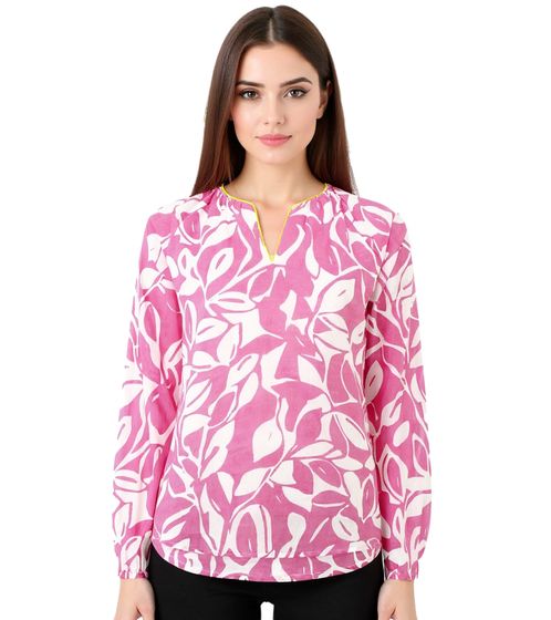 Chemisier d'été femme ZWILLINGSHERZ à motif feuilles, chemise à manches longues en coton 33229-13 Rose/Blanc/Jaune