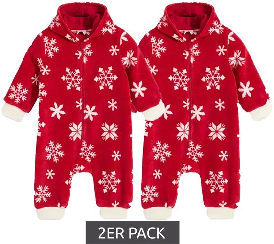 Lot de 2 combinaisons polaires à capuche et fermeture éclair pour bébé, motif flocon de neige, 954927 Rouge/Blanc