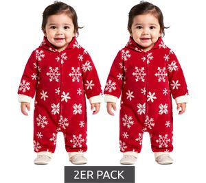 Confezione da 2 tutine per bambini in pile con cappuccio, motivo a fiocco di neve e cerniera, 954927, rosso/bianco