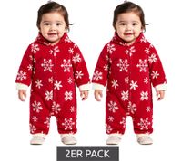 2er Pack Jumpsuit Kleinkinder Overall Fleece-Anzug mit Kapuze Schneeflocken-Design mit Reißverschluss Baby-Anzug 954927 Rot/Weiß