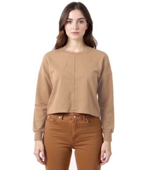 Pull court ZEGY pour femme, T-shirt à manches longues, Pull court simple en coton, 1067 Nougat