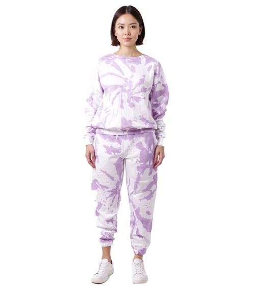 ZEGY Damen Jogging-Anzug Sweat-Jogger im Batik-Look Rundhals-Pullover Baumwoll-Set 1064 Lila/Weiß
