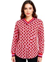 Chemise d'été à manches longues ZWILLINGSHERZ pour femme, style rétro, imprimé graphique 31633-58 Rose/Bordeaux/Rouge