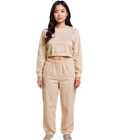 ZEGY Damen Jogging-Anzug Sweat-Jogger Crop-Pullover Baumwoll-Set 1072 Beige
