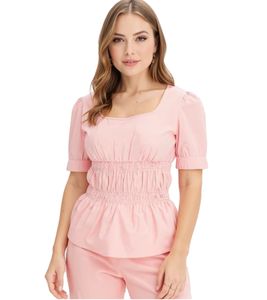 Damen Bluse mit Puffärmeln Baumwoll-Bluse Sommer-Top Kurzarm-Shirt 963325 Rosa Damen Bluse mit Puffärmeln Baumwoll-Bluse Sommer-Top Kurzarm-Shirt 963325 Rosa