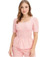 Damen Bluse mit Puffärmeln Baumwoll-Bluse Sommer-Top Kurzarm-Shirt 963325 Rosa