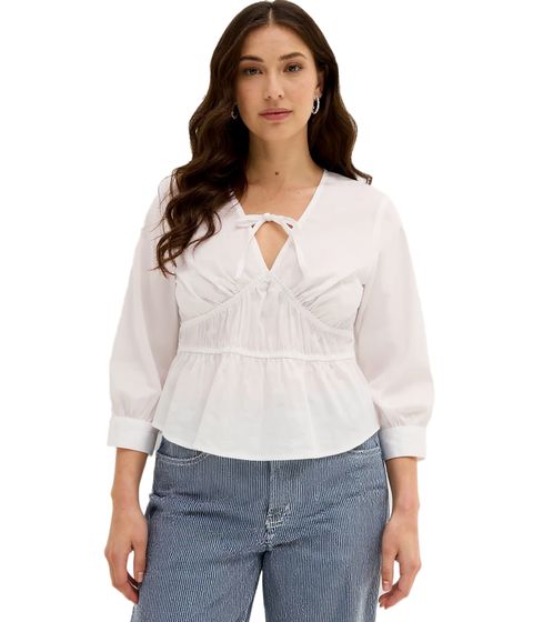 Damen Sommer-Bluse mit Bindeband und taillierter-Saum Sommer-Shirt 968082 Weiß