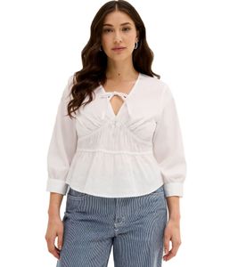 Damen Sommer-Bluse mit Bindeband und taillierter-Saum Sommer-Shirt 968082 Weiß Damen Sommer-Bluse mit Bindeband und taillierter-Saum Sommer-Shirt 968082 Weiß
