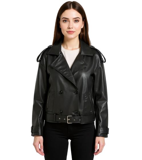 Women's Faux Leather Jacket with Collar and Belt, Faux Leather Jacket, Spring Coat, 911397, Black