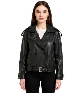 Giacca in similpelle da donna con colletto e cintura, giacca in similpelle, cappotto primaverile, 911397, nero Giacca in similpelle da donna con colletto e cintura, giacca in similpelle, cappotto primaverile, 911397, nero
