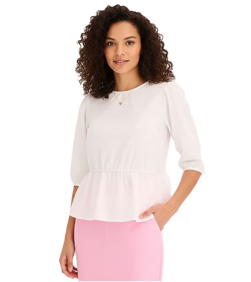 Damen Sommer-Bluse Rundhals-Bluse mit 3/4 Ärmeln und Schößchensaum Baumwoll-Bluse 920934 Weiß