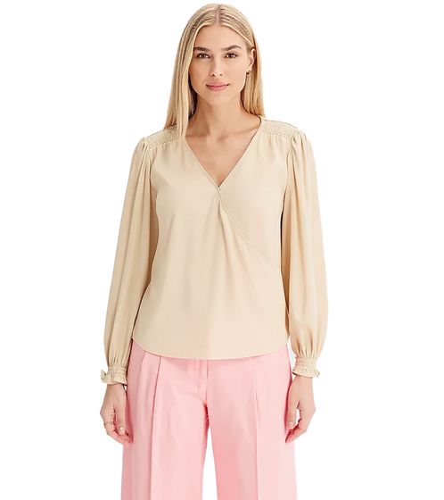 Pull tunique en satin à manches longues et col en V pour femme, beige 946373