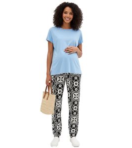 stylische Damen Umstandshose mit Blumen-Muster Umstandsmode 938357 Schwarz/Weiß