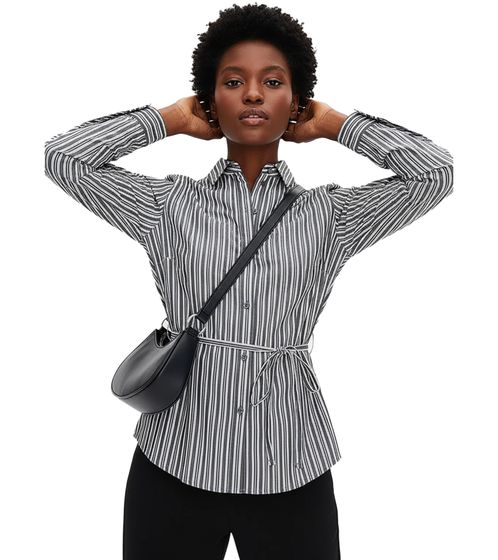 Chemisier d'été intemporel pour femme avec ceinture à nouer, chemisier en coton à manches longues, 926101, gris/blanc