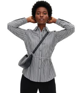 zeitlose Damen Sommer-Bluse mit Bindegürtel Langarm-Hemd Baumwoll-Bluse 926101 Grau/Weiß