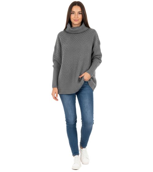 Damen Rollkragenpullover Alltags-Pullover mit Ajour-Muster Strick-Pullover Oversized 971611 Grau