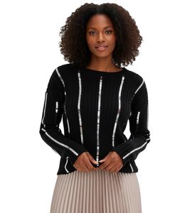 klassischer Damen Strick-Pullover mit glänzenden Nadelstreifen Alltags-Pullover Sweater 934937 Schwarz