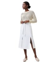 Romantic women's summer skirt with tie belt made of pure linen, midi skirt 905991, white