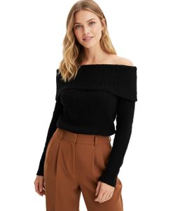 Damen Strick-Pullover Off Shoulder-Pullover Alltags-Pulli Sweater 907644 Schwarz