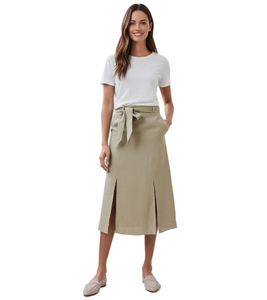 Gonna estiva romantica da donna con cintura in puro lino, gonna midi 927542, kaki