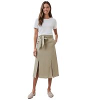 Falda romántica de verano para mujer con cinturón de lino puro, falda midi 927542, caqui