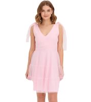 Stylish mini dress made of delicate tulle with bow details, mesh dress 915092, pink