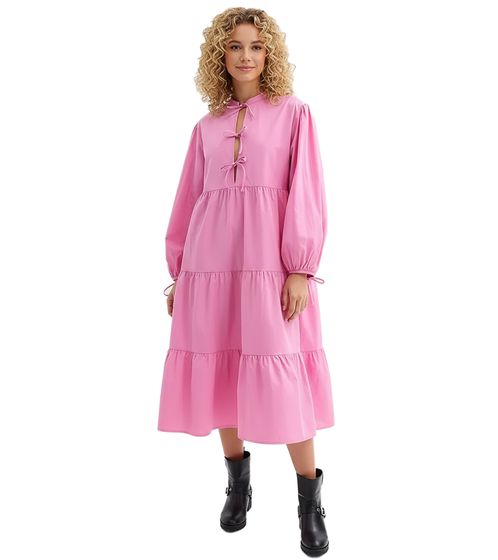 weites Damen Midi-Kleid mit Schleifen Frühlings-Kleid aus reiner Baumwolle Langarm-Kleid 977645 Rosa
