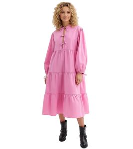 weites Damen Midi-Kleid mit Schleifen Frühlings-Kleid aus reiner Baumwolle Langarm-Kleid 977645 Rosa