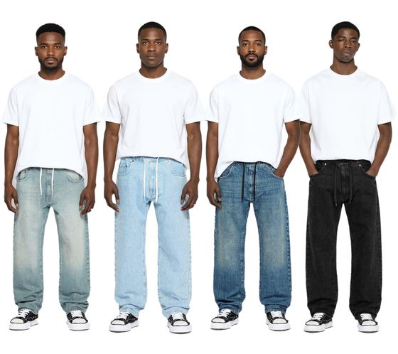 stylische Herren Jeans im Jogger-Stil Denim-Hose Baggy Leg mit Bindeband BR-12000 in Schwarz oder Blau
