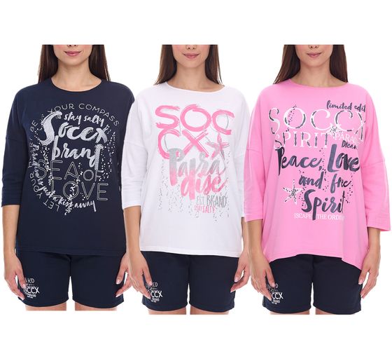SOCCX Damen Oversized Sweatshirt mit Rundhals-Ausschnitt Alltags-Pulli in Blau, Weiß oder Rosa
