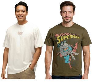 T-shirt da uomo RE:COVERED X SUPERMAN DC con stampa a fumetti, girocollo in cotone RCWARN55 in ecru-bianco o kaki