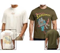 RE:COVERED X SUPERMAN DC Herren T-Shirt mit Comic-Print Baumwoll-Shirt Rundhals-Shirt RCWARN55 in Ecru-Weiß oder Khaki