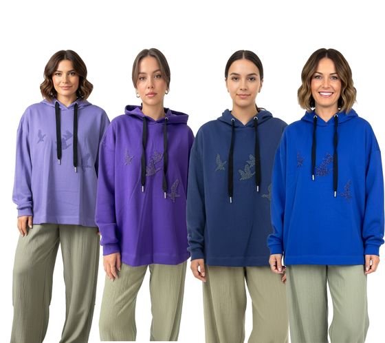 Sudadera con capucha ZEGY para mujer con adornos de pájaros, jersey de algodón 1074 en azul, azul marino, morado y morado claro