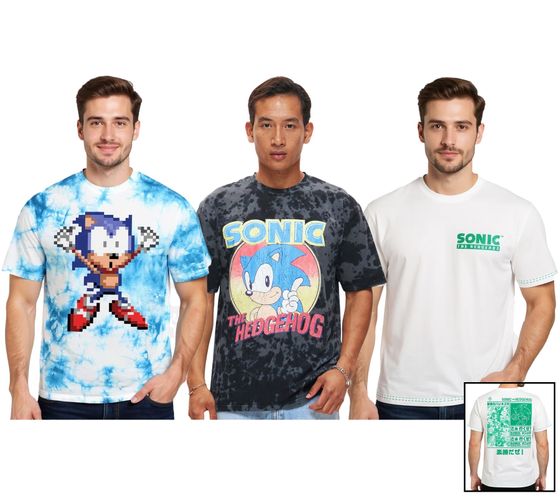 RE:COVERED X SEGA Men's T-Shirt with Sonic Print, Cotton Crew Neck T-Shirt RCSEGA55 in Blue/White, Gray, or Ecru/White