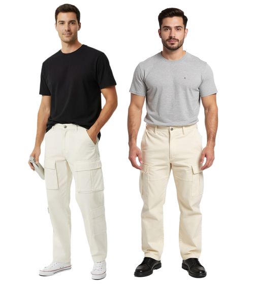 Elegantes vaqueros cargo para hombre con múltiples bolsillos, pantalones casuales en crudo, blanco/beige con 4 o 2 bolsillos cargo